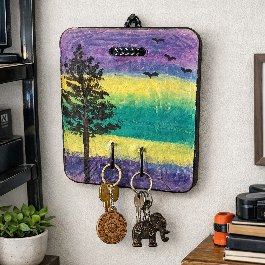Key holder with colorful landscape design on a wall, holding keys.
