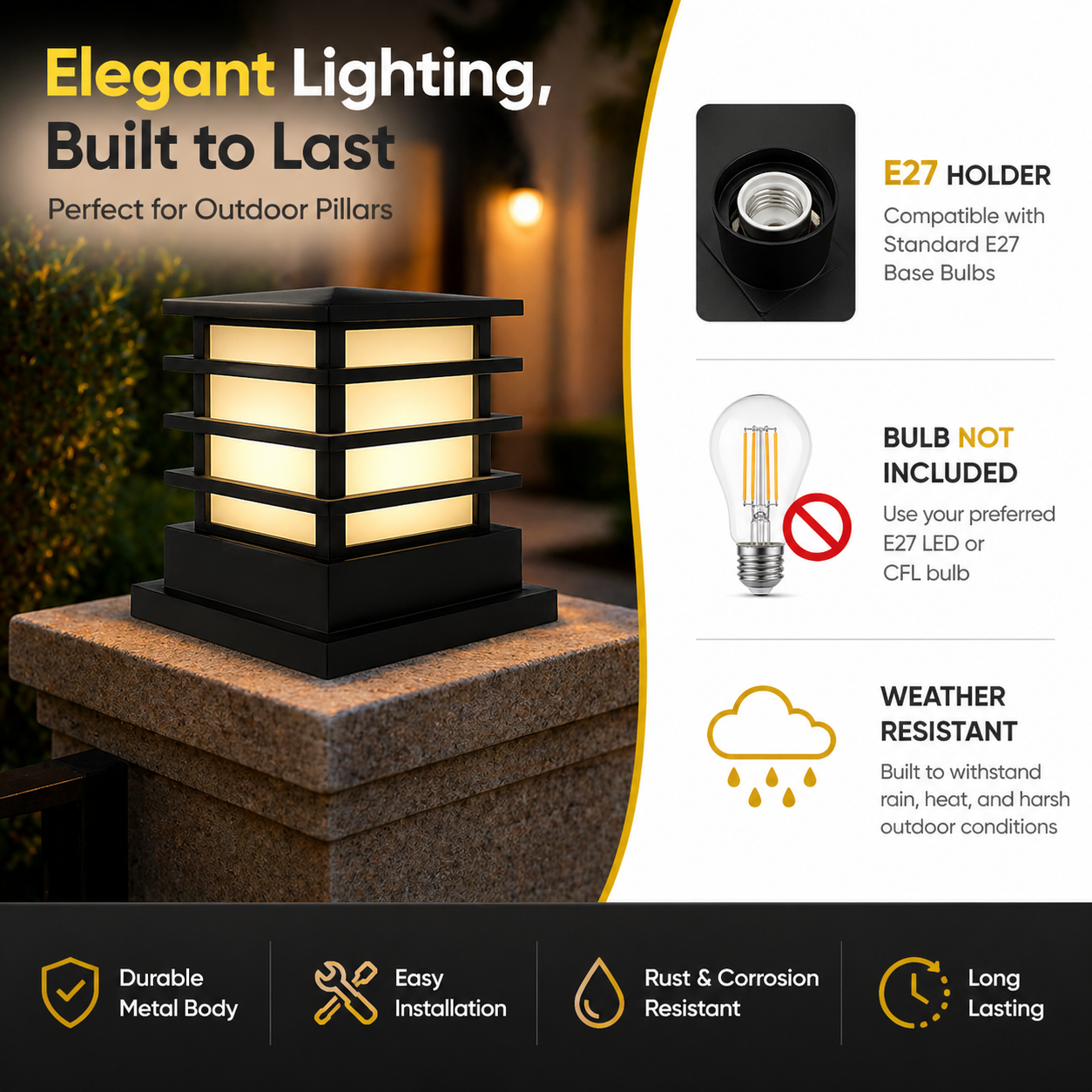 Outdoor lighting fixture on a pillar with product details and features.