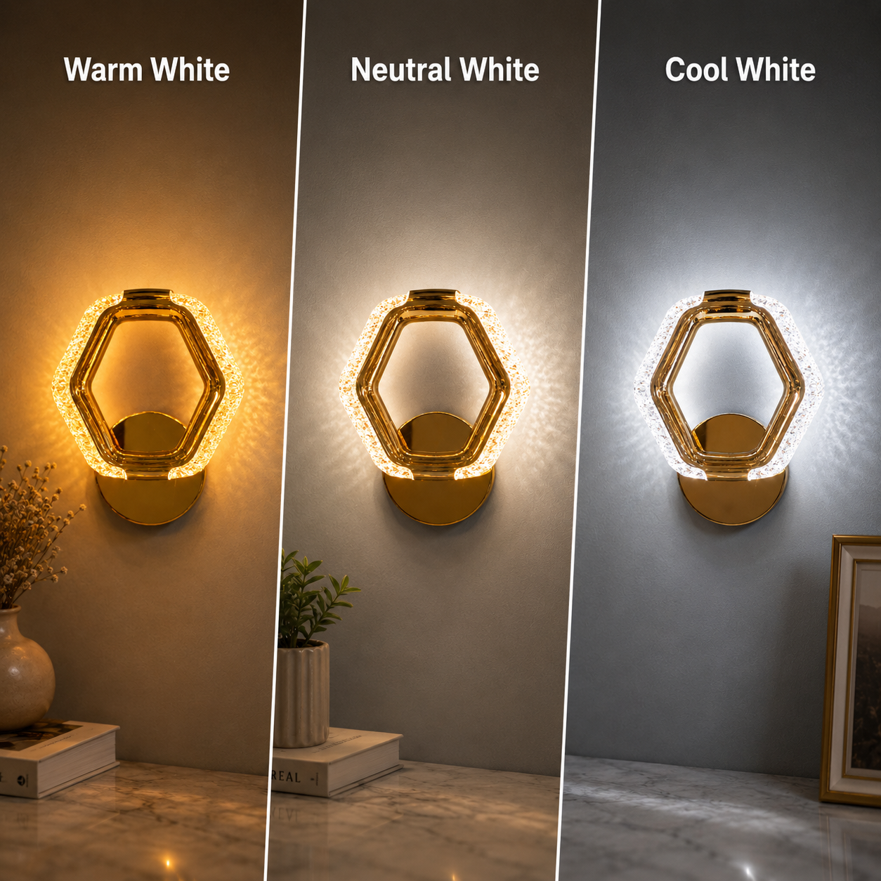 Hexagonal wall light fixture emitting warm, neutral, and cool white light on a gray wall.