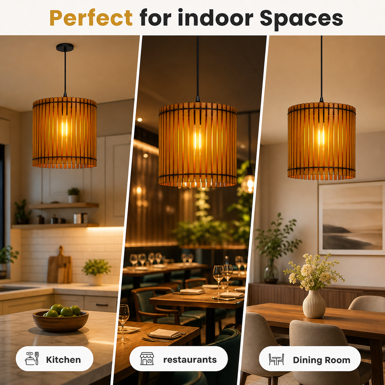 Wooden pendant light with warm glow in modern dining room