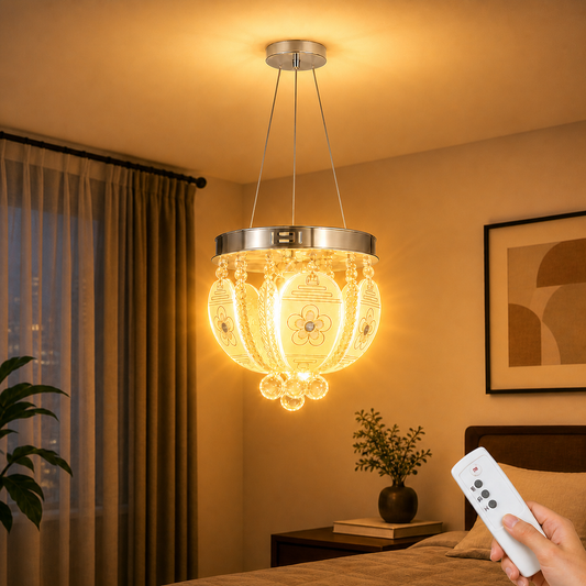 Chandelier in a bedroom with a hand holding a remote control