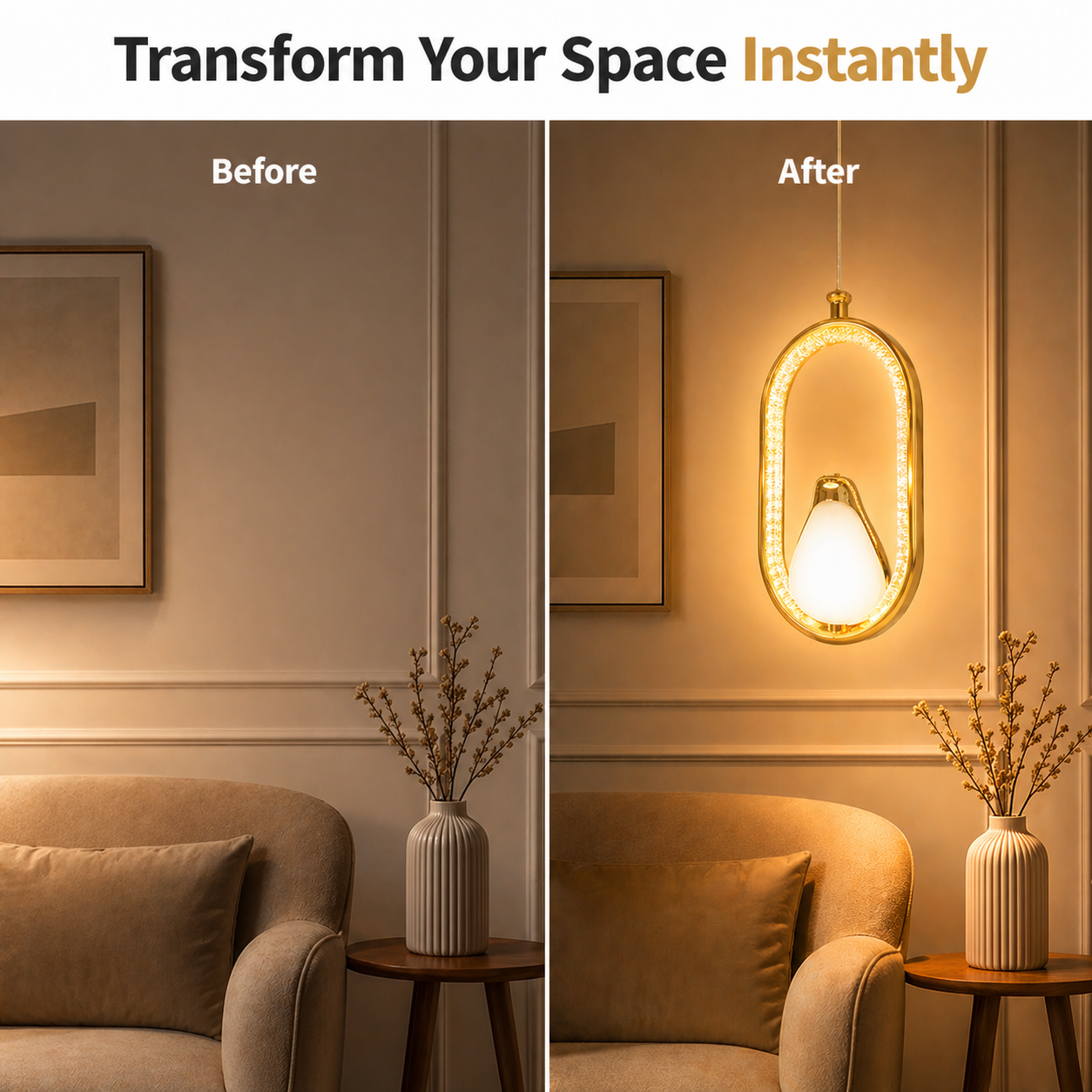 Before and after comparison of a living room with a new light fixture.