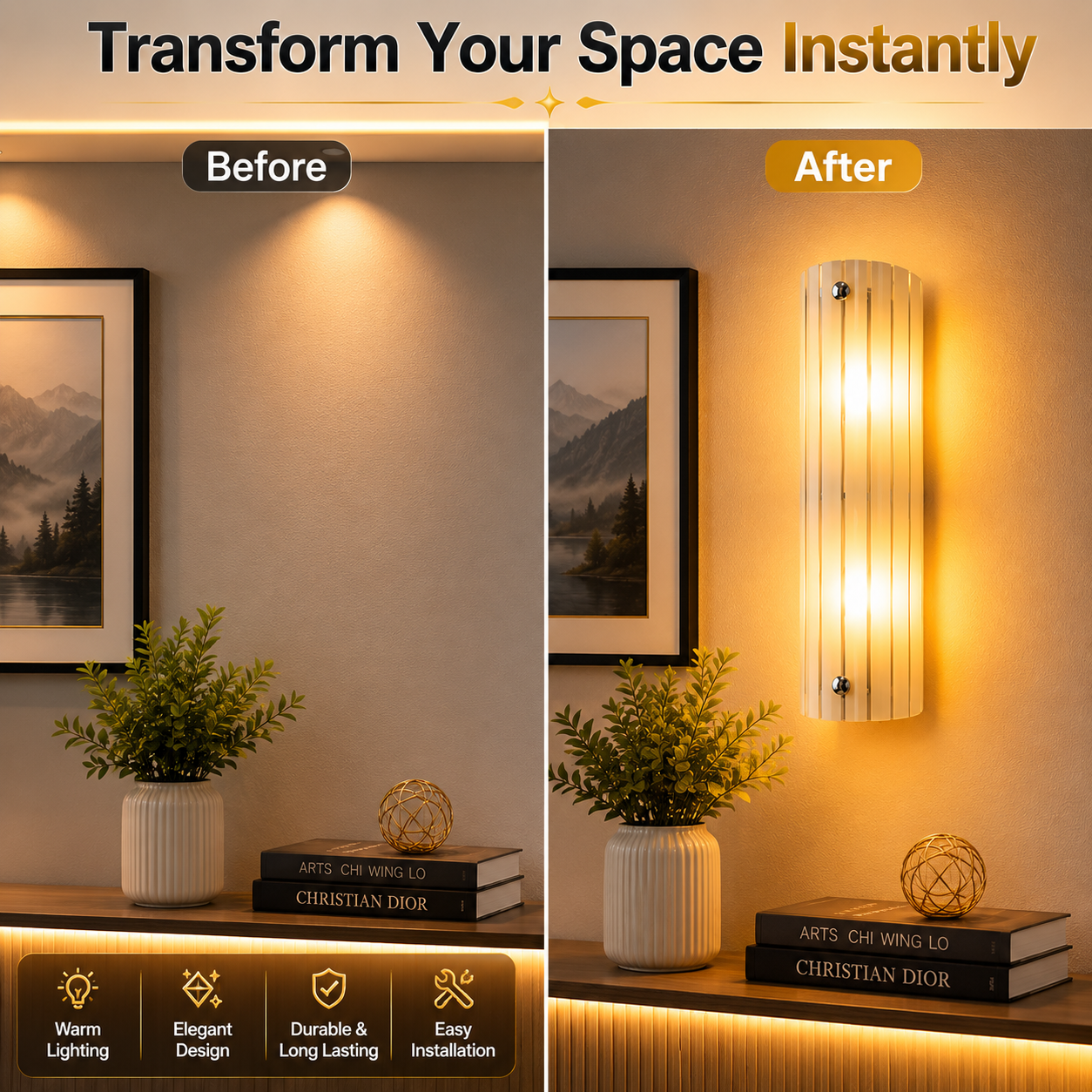 Before and after comparison of a wall sconce in a room setting.