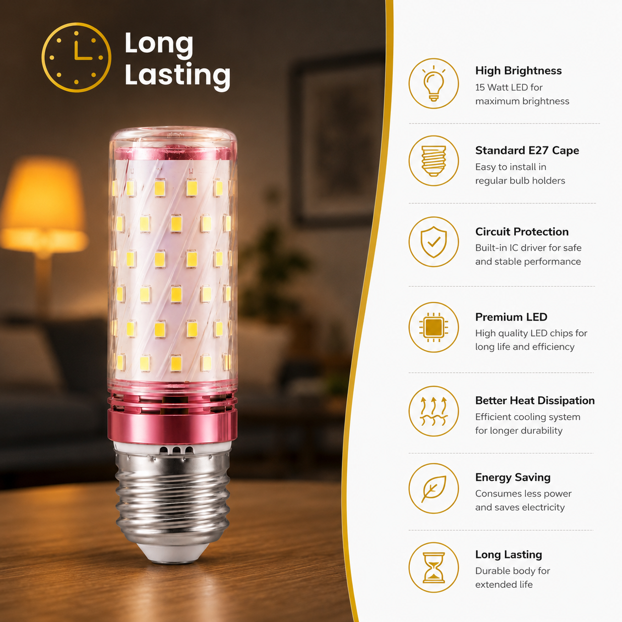 LED light bulb with features listed on a white background