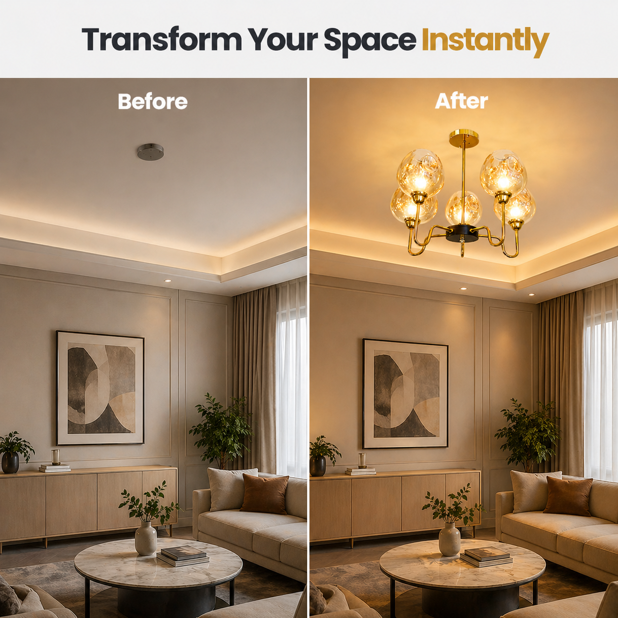 Before and after comparison of a living room with added lighting fixtures.