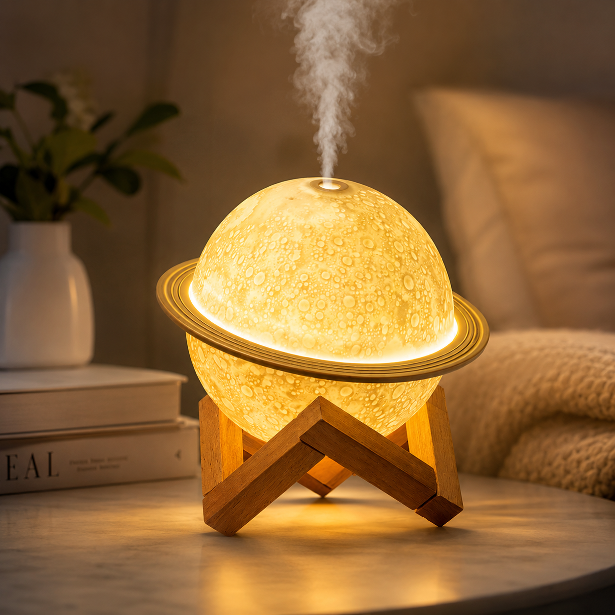 Moon-shaped diffuser emitting steam on a wooden stand with a cozy background