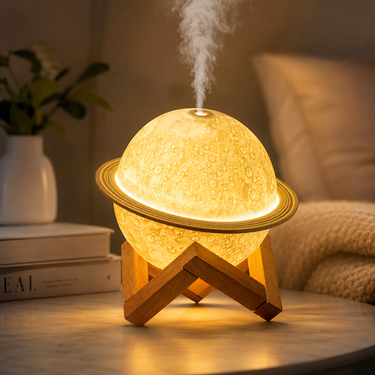 Moon-shaped diffuser emitting steam on a wooden stand with a cozy background