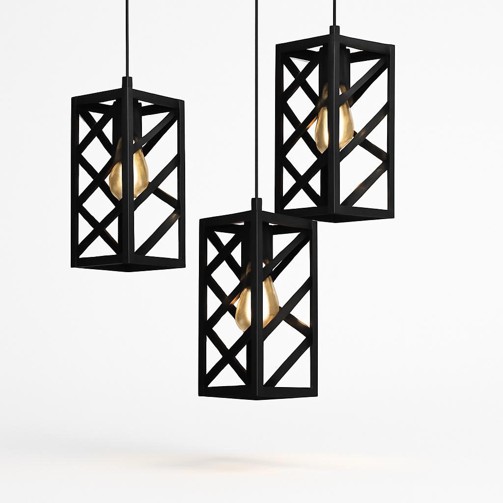 3-in-1 black metal cage pendant light with warm ambient glow