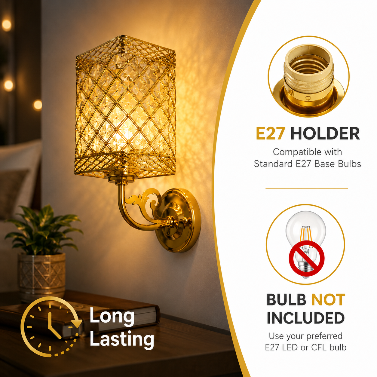 Crystal Gold Wall Sconce Light for Bedroom & Luxury Interiors