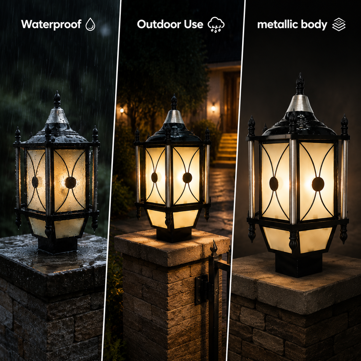 Outdoor lantern with waterproof, outdoor use, and metallic body features.