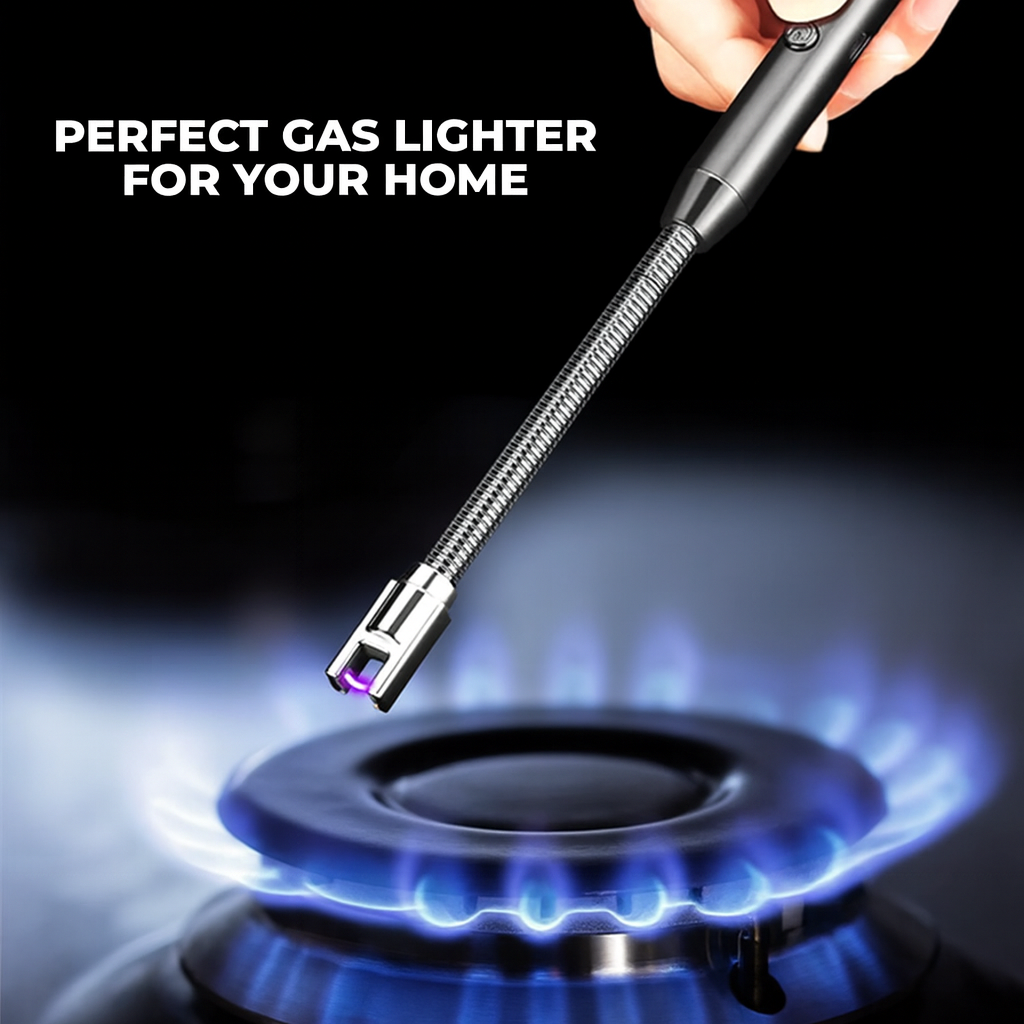 Electric gas lighter igniting blue flame on a kitchen stove