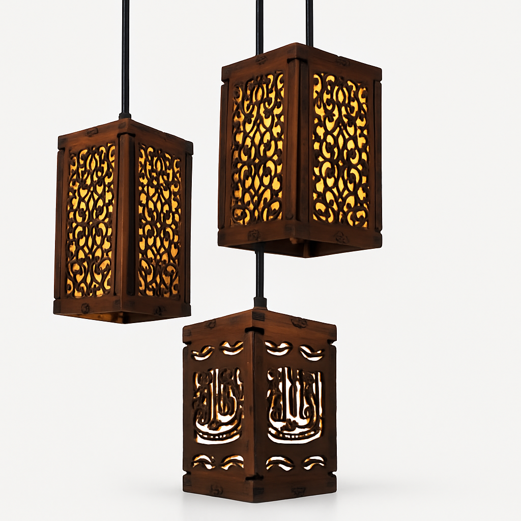 Three wooden pendant lights with intricate carvings on a white background