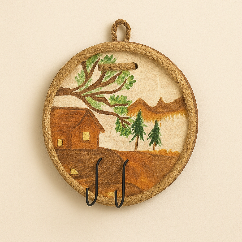 Decorative wall hook with a painted landscape design on a beige background