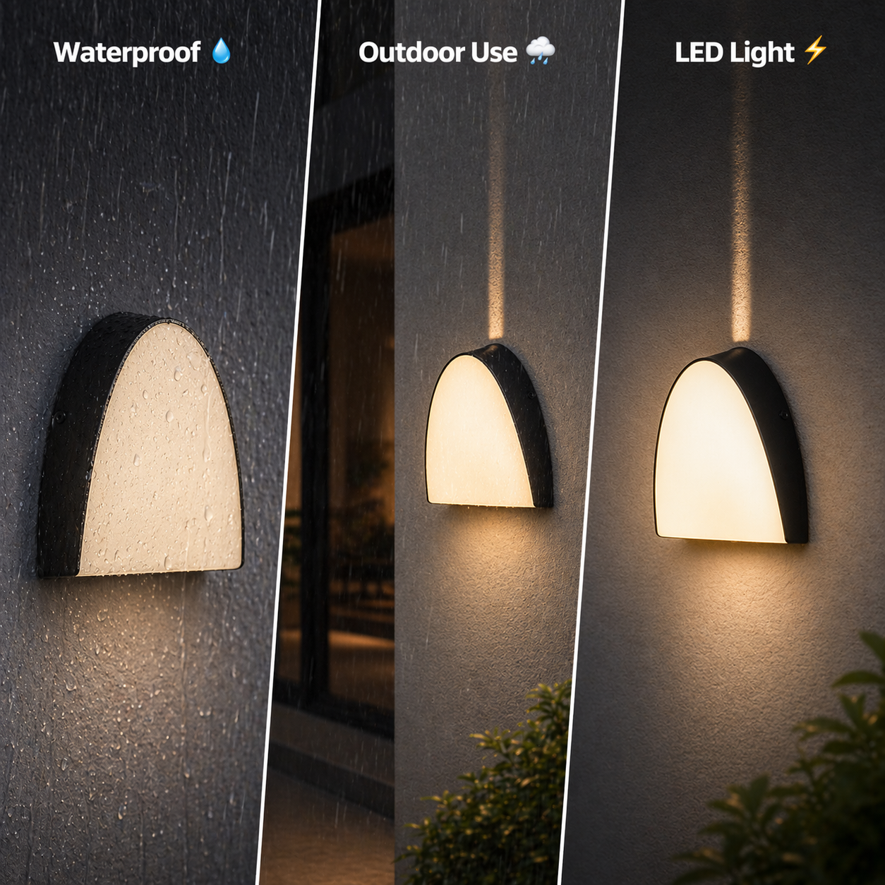 Outdoor wall light fixture with waterproof, outdoor use, and LED light features.