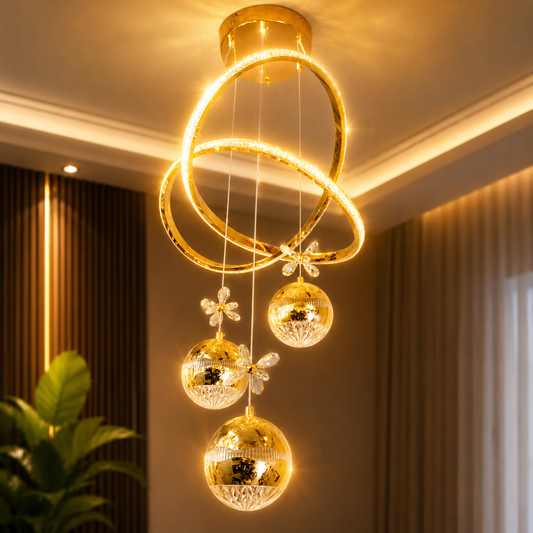 Decorative ceiling light fixture with gold rings and crystal balls in a room setting.