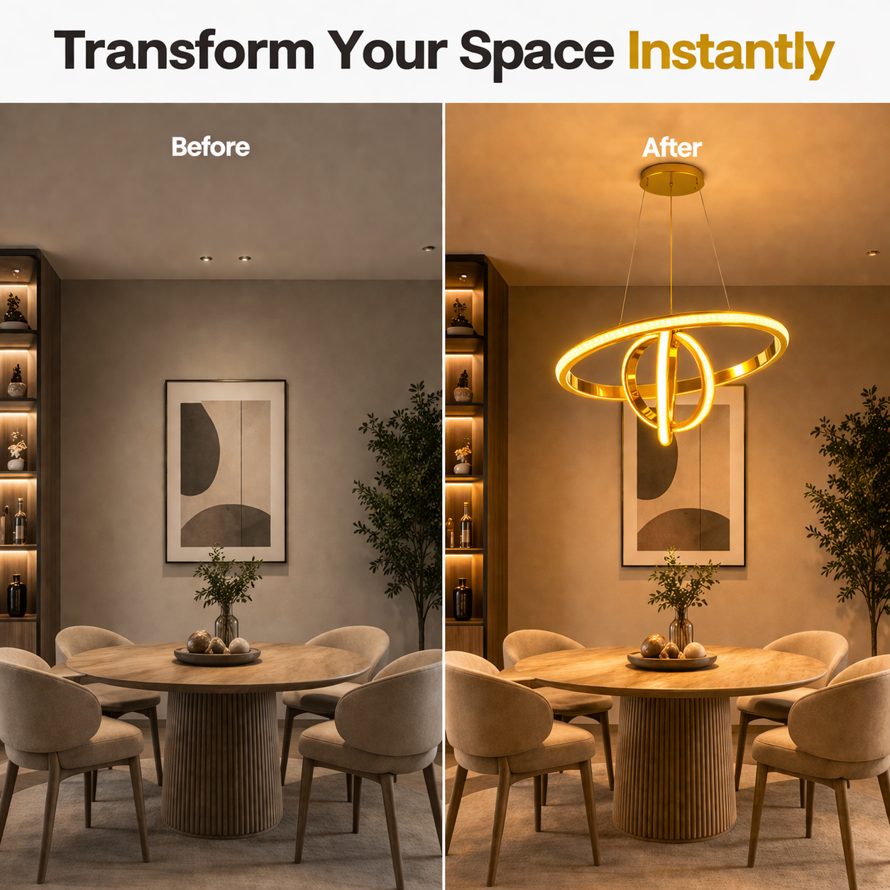 Before and after comparison of a dining room with a new light fixture.
