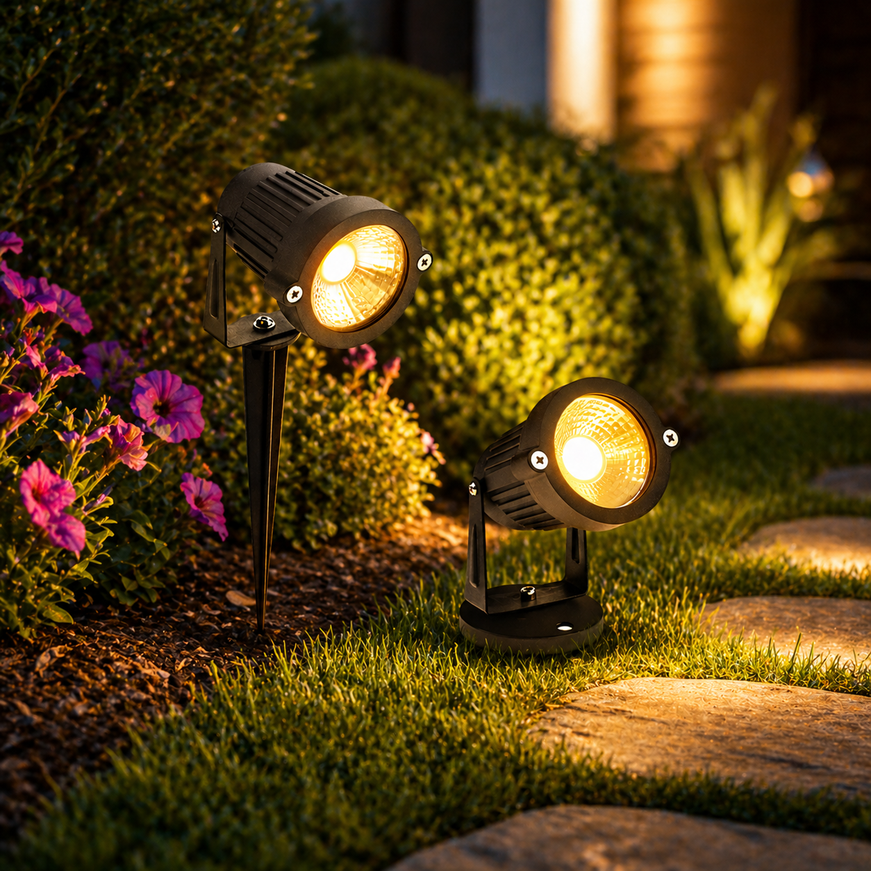 Two garden lights illuminating a pathway with flowers and bushes in the background.