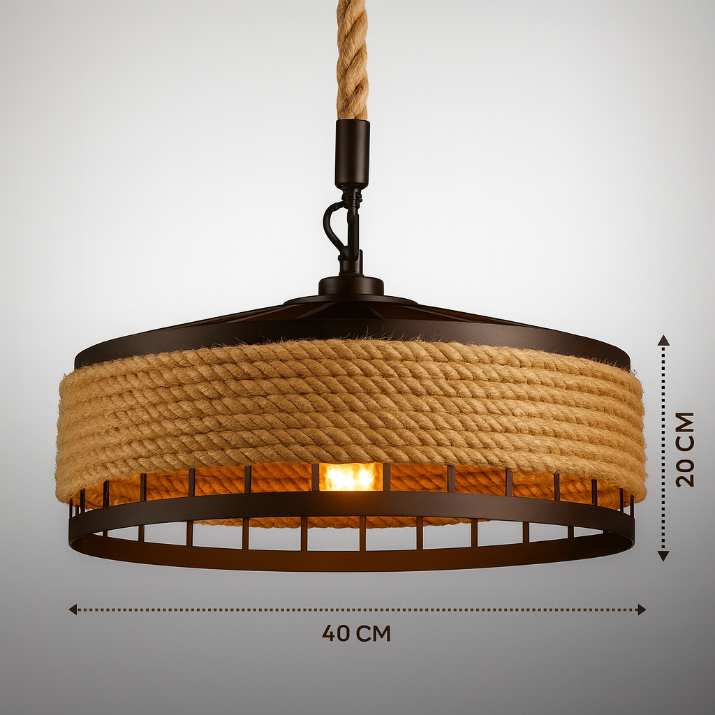 Pendant light with rope design and dimensions on a gray background