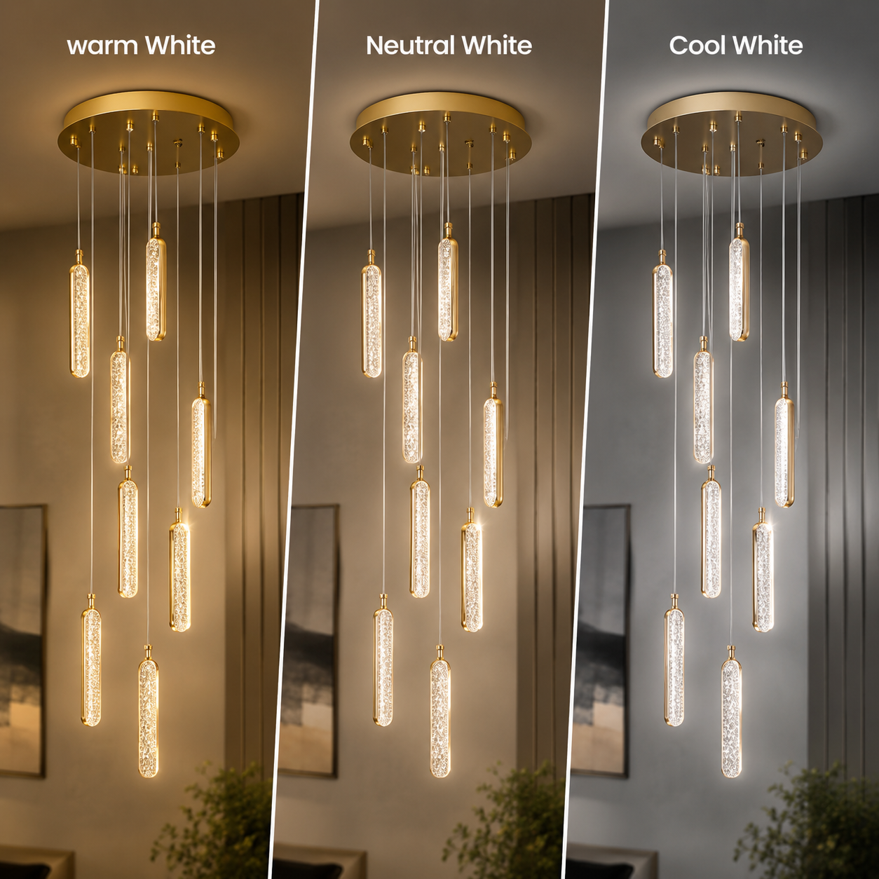 Three lighting fixtures with different color temperatures on a neutral background