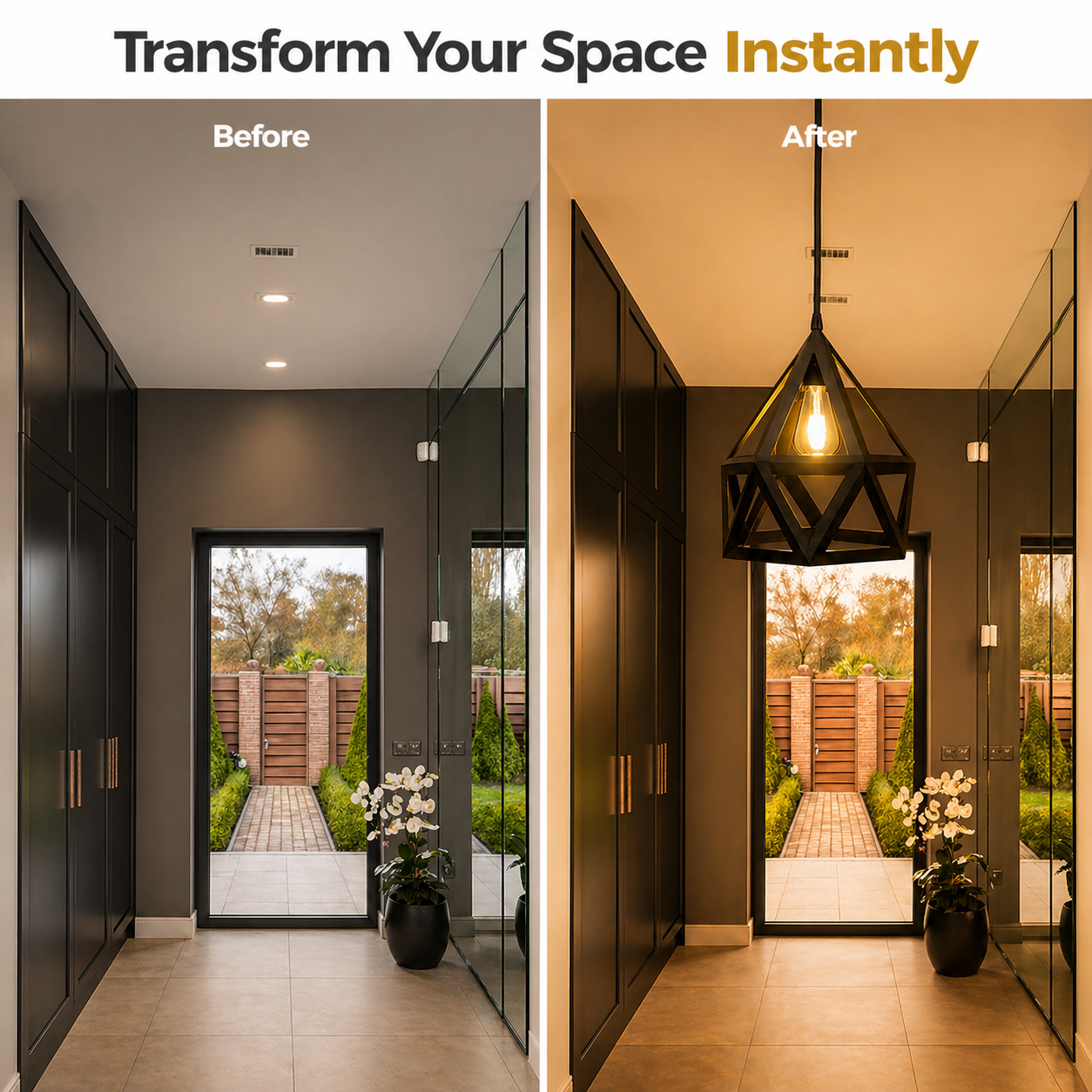 Before and after comparison of a modern hallway with a pendant light fixture.