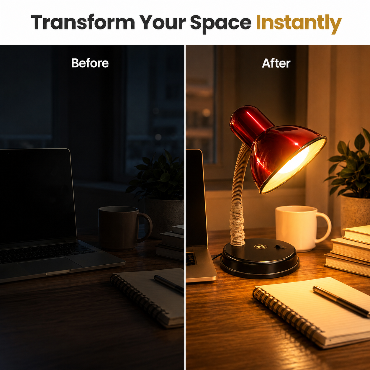 Before and after comparison of a dimly lit desk with a red lamp turned on, illuminating the area.
