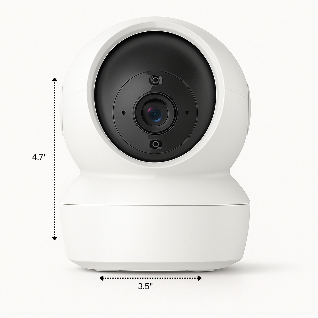 White security camera with dimensions indicated on a white background