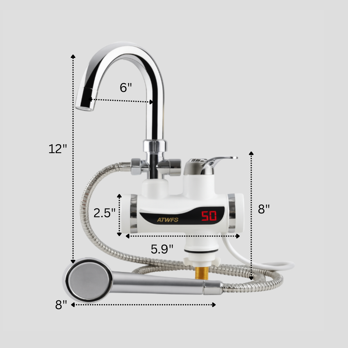 Electric water heater with dimensions labeled on a white background