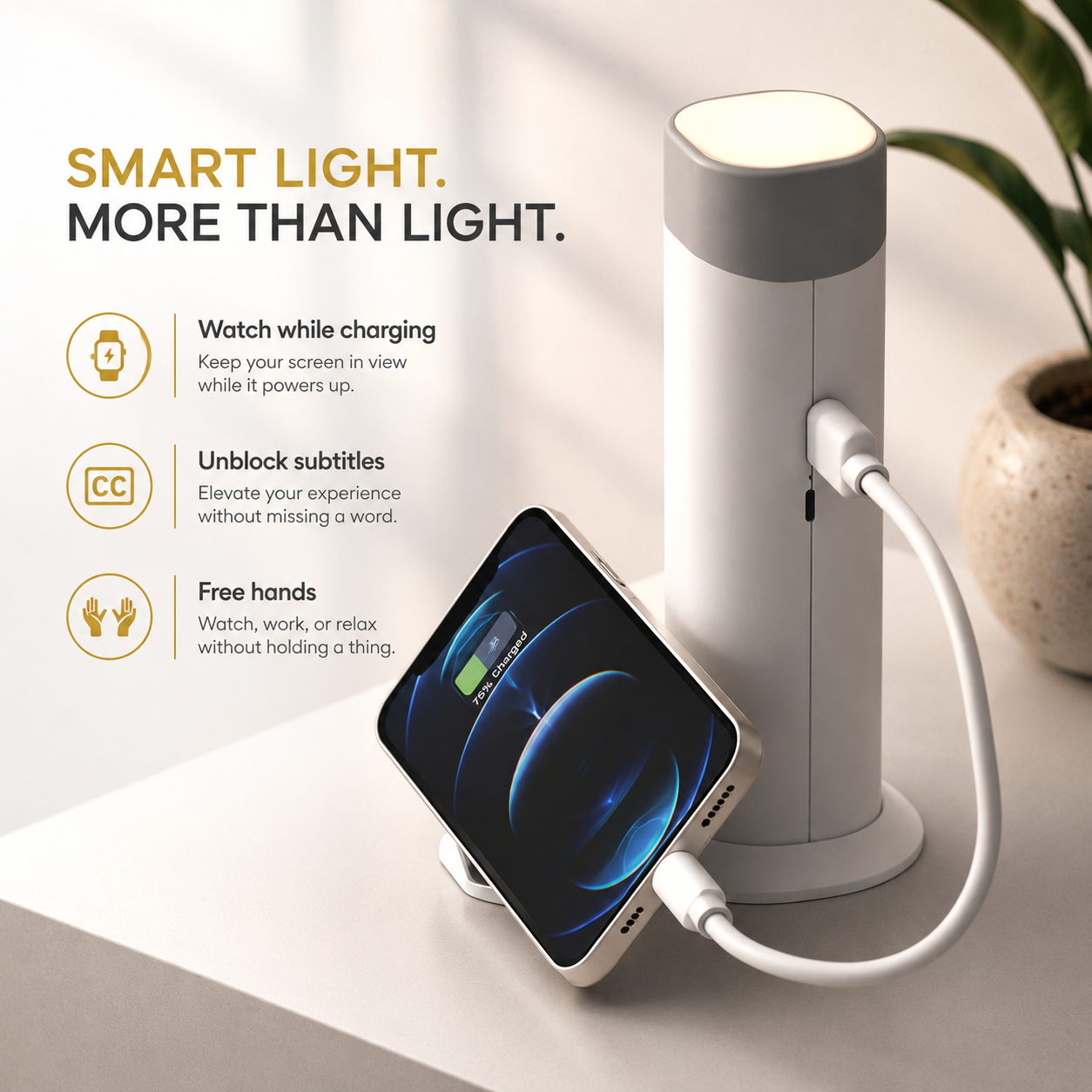Smart light with phone charging stand on a neutral background