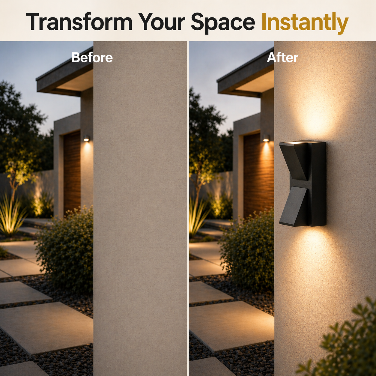 Before and after comparison of outdoor lighting installation on a building exterior.