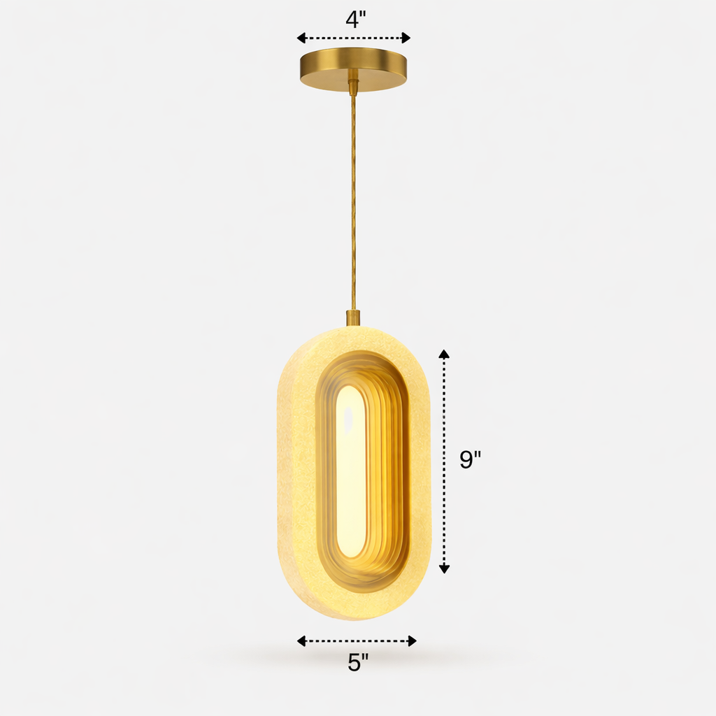 Gold pendant light with dimensions indicated on a white background