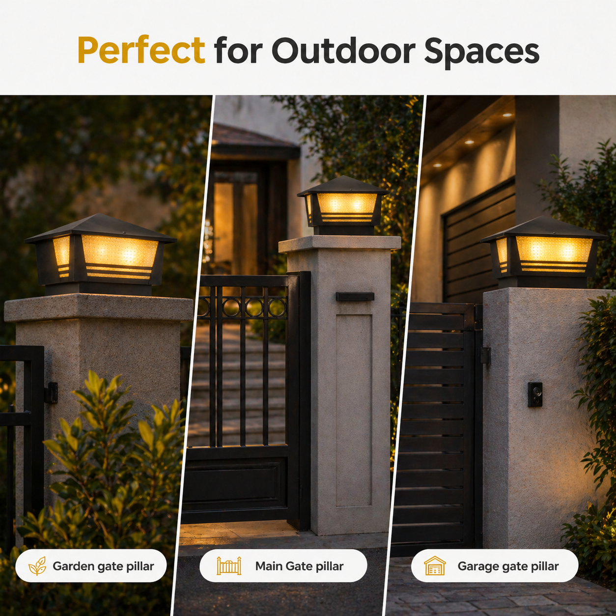 Outdoor lighting fixtures on garden, main, and garage gate pillars with text 'Perfect for Outdoor Spaces'.