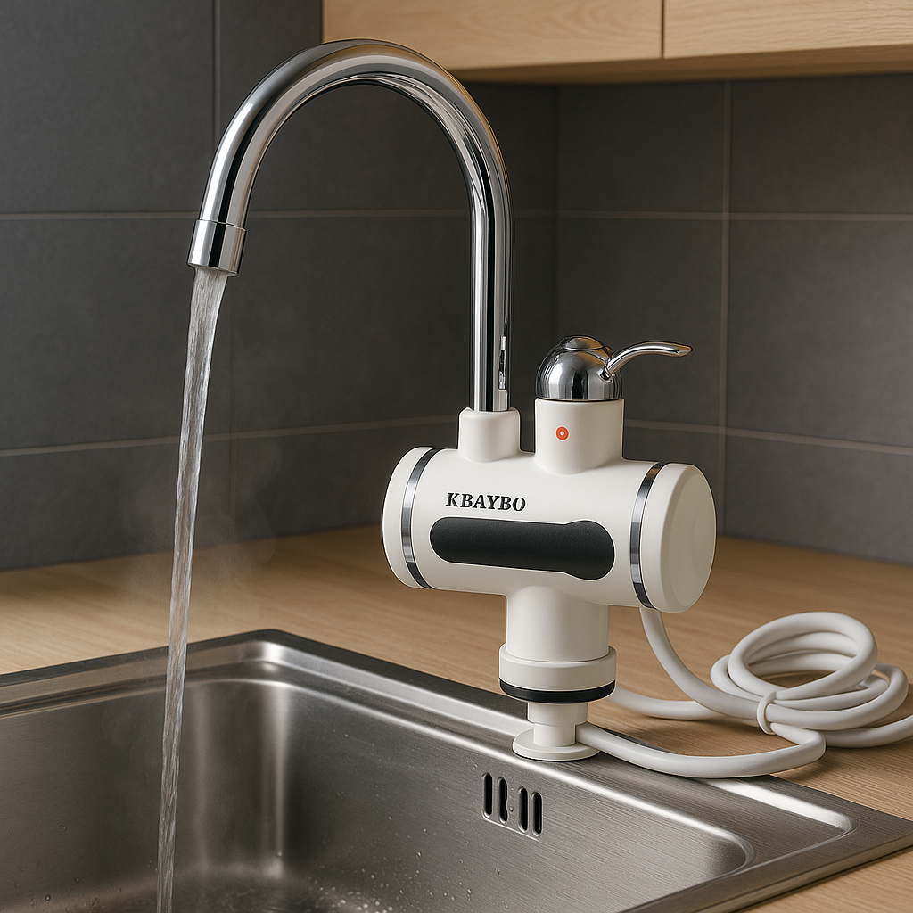 Electric water heater attachment on a kitchen sink with running water.
