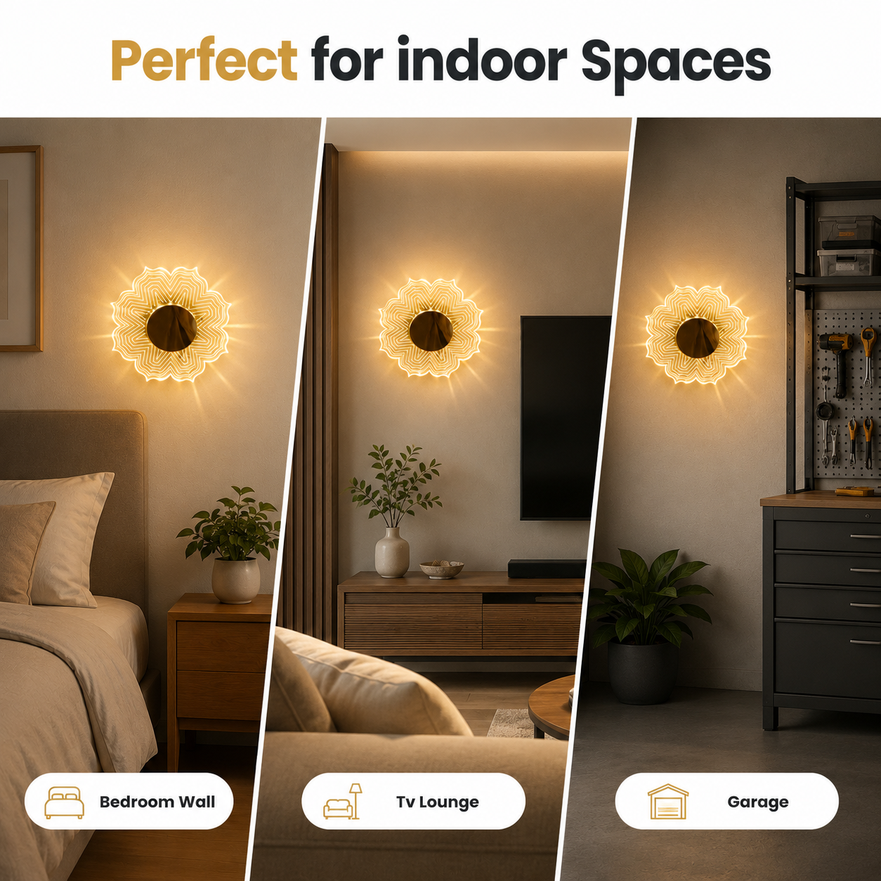 Decorative wall light fixture shown in various indoor settings including bedroom, TV lounge, and garage.