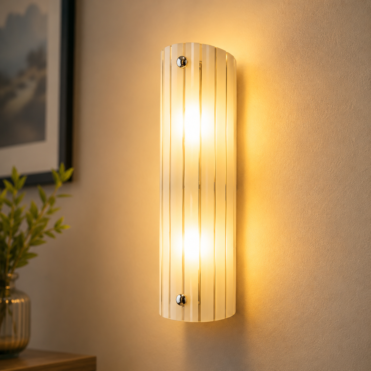 Wall-mounted cylindrical light fixture on a neutral wall with a plant and framed picture in the background.