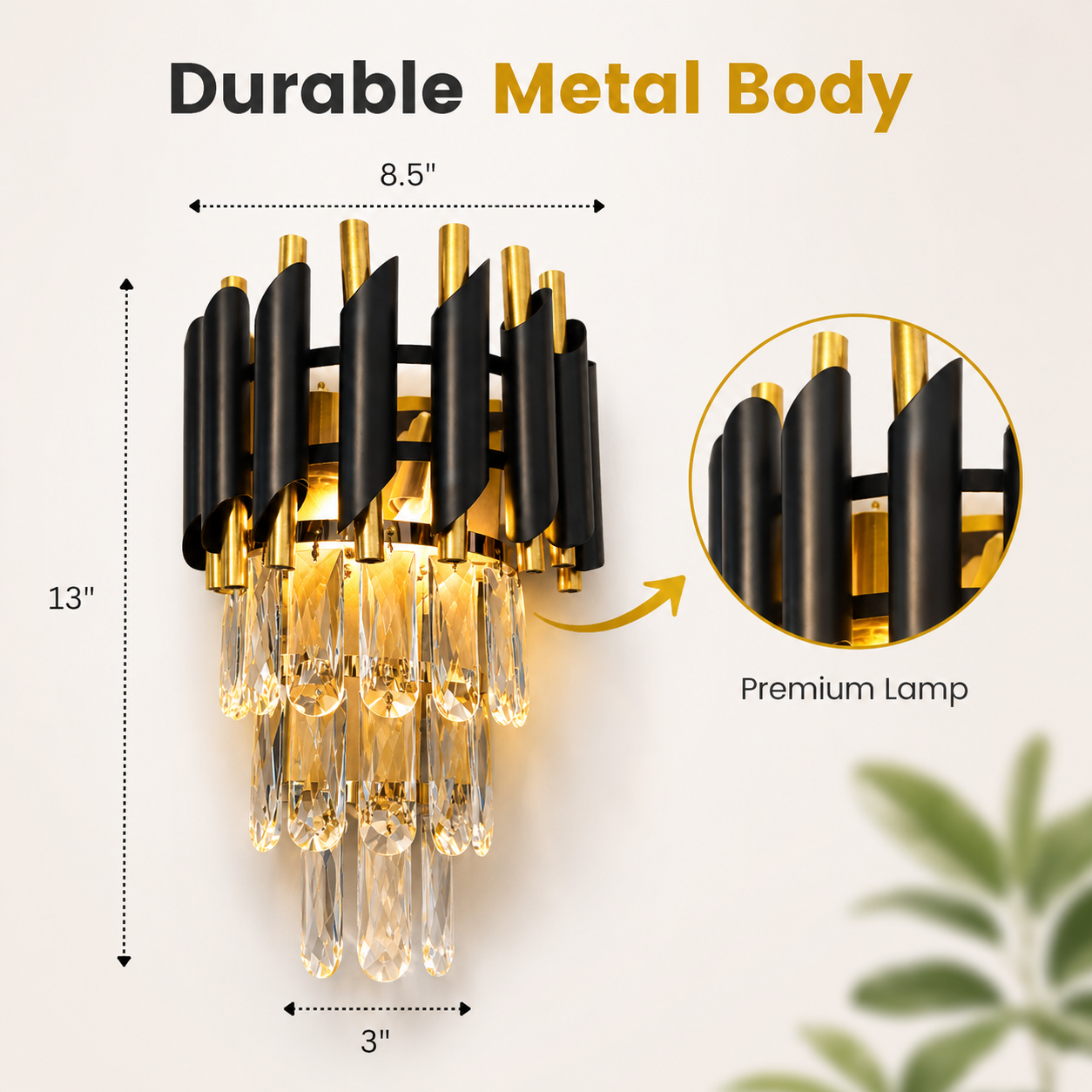 Wall-mounted light fixture with durable metal body and premium lamp, featuring dimensions and close-up details.