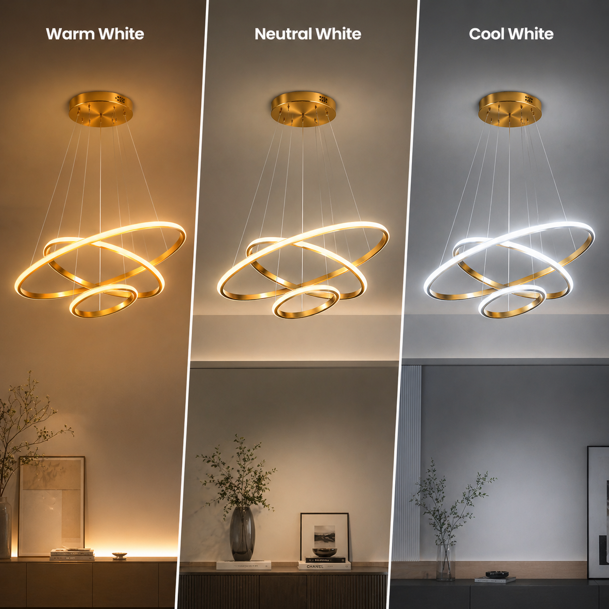 Ceiling light fixture with three different color temperature options on a neutral background.