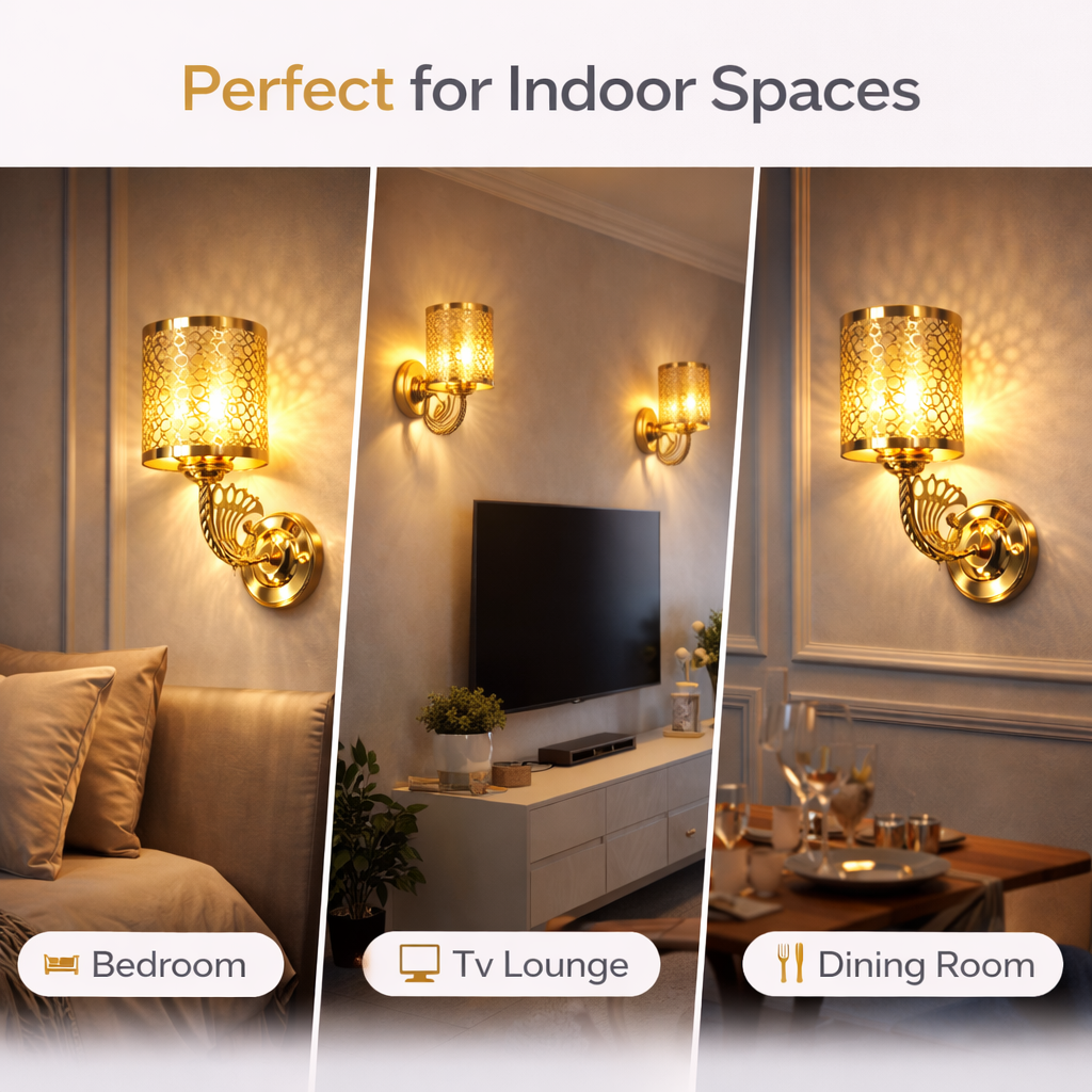 decorative metal wall lamp casting patterned ambient lighting indoors