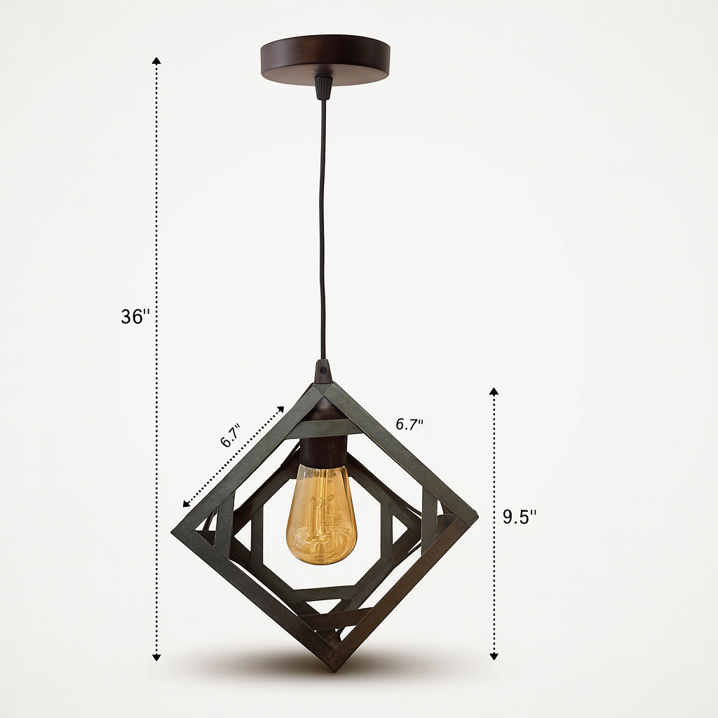 Modern geometric cube pendant light with bulb – black iron frame”
