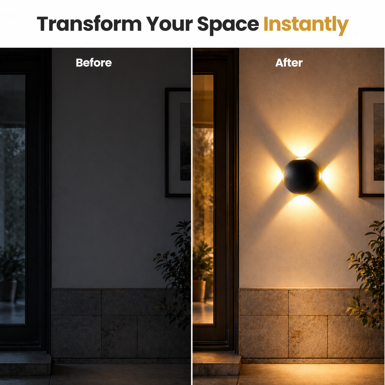 Before and after comparison of a wall light fixture on a wall.