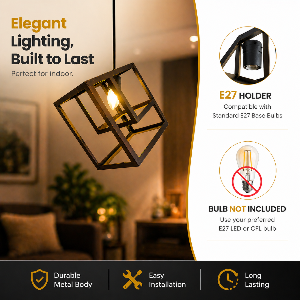Modern pendant light fixture with lifestyle background, highlighting features like E27 holder and durable metal body.