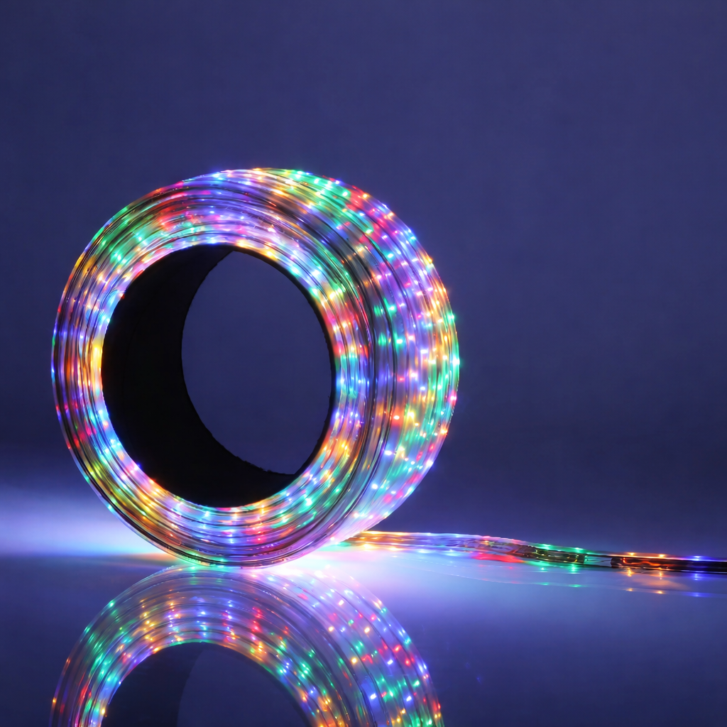 Multicolored LED strip light coiled on a reflective surface with a dark background