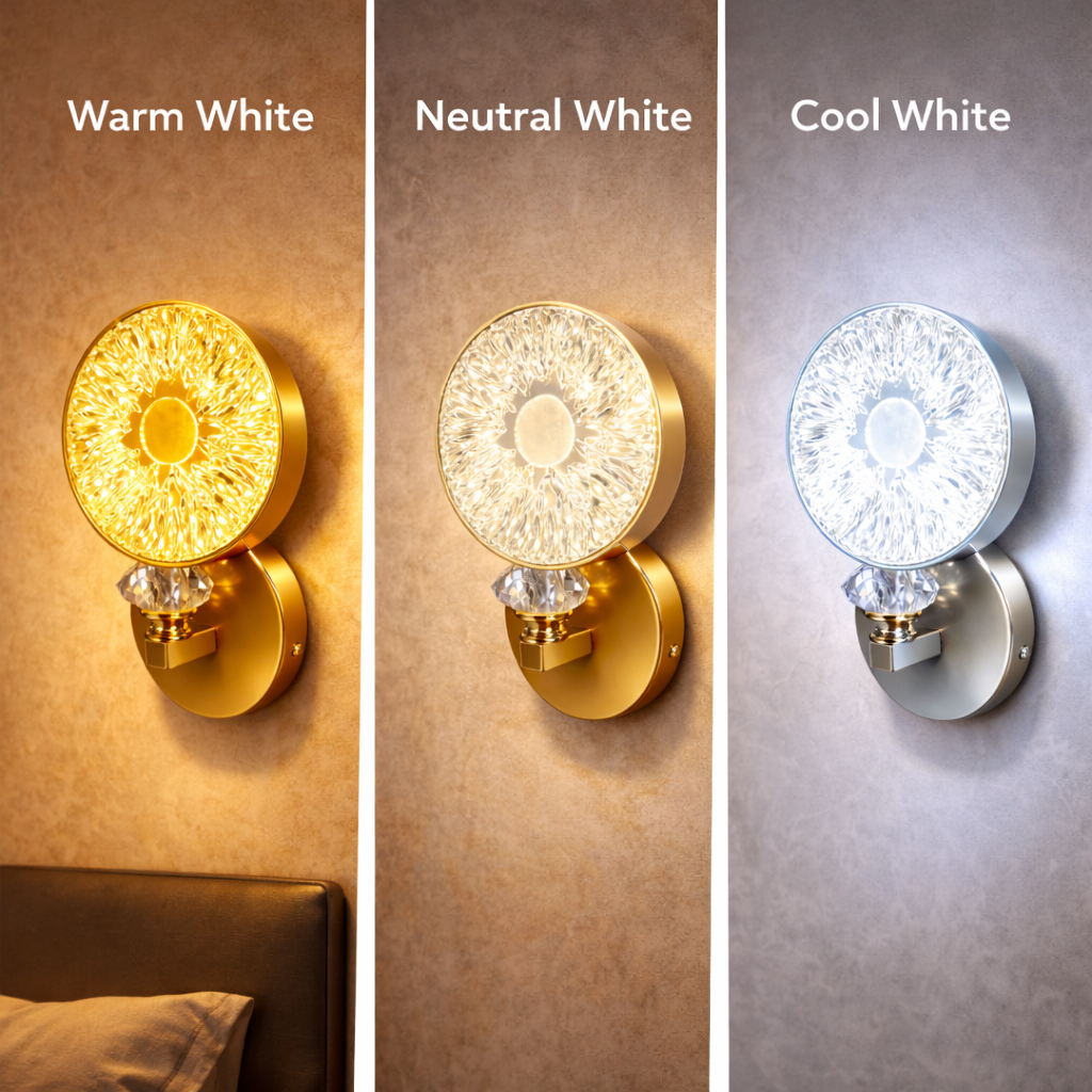 premium metal and crystal wall light close-up texture detail