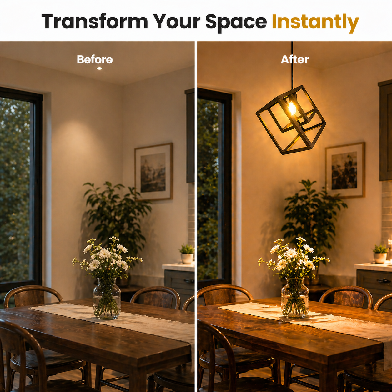 Before and after comparison of a dining room with a new light fixture.