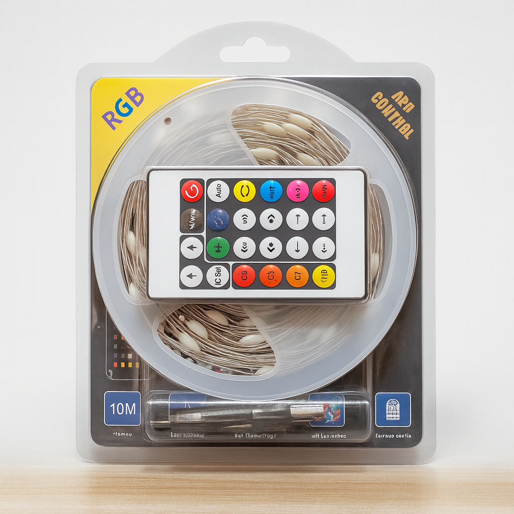 Packaged RGB LED strip light with remote control on a white background