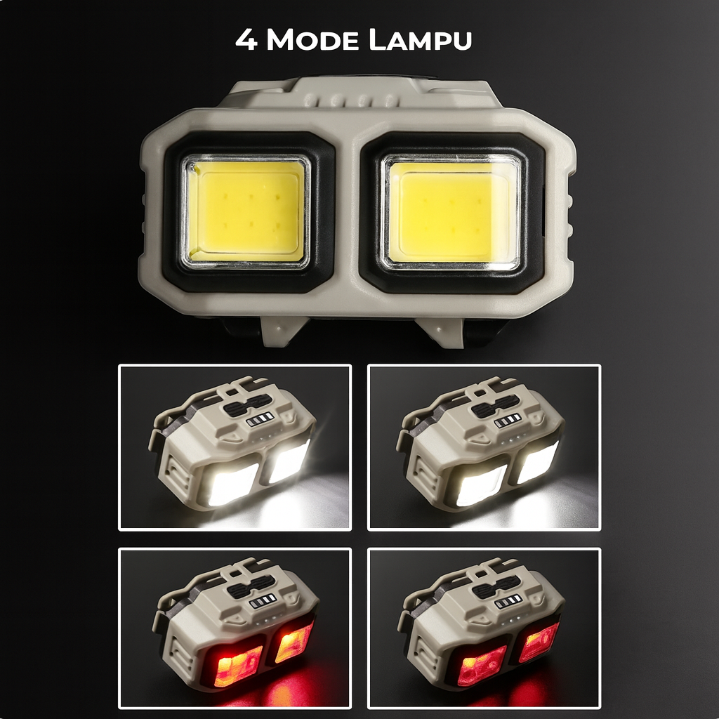 Dual LED headlamp showing four lighting modes – white high, white low, red light, and red flash on dark background