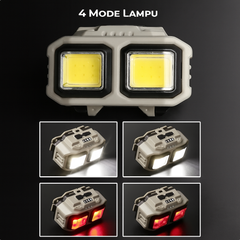 Dual LED headlamp showing four lighting modes – white high, white low, red light, and red flash on dark background