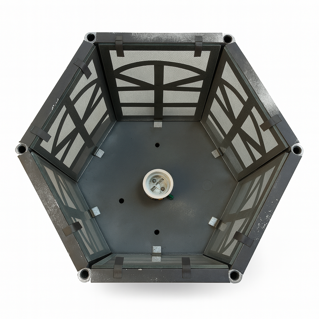 Hexagonal metal fire pit with mesh screen on a white background