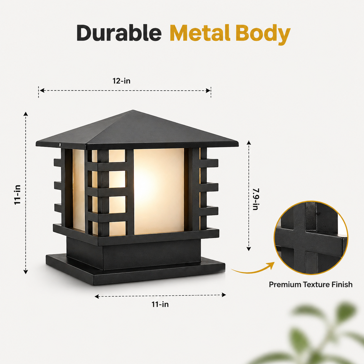 Black outdoor lamp with dimensions and texture finish details on a white background