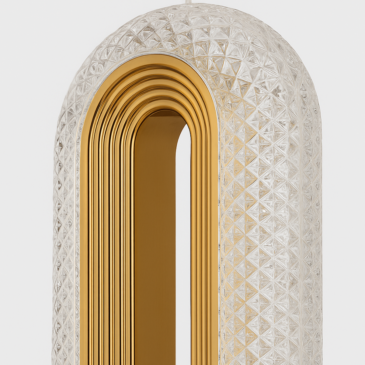 Decorative mirror with gold and textured white frame on a light gray background