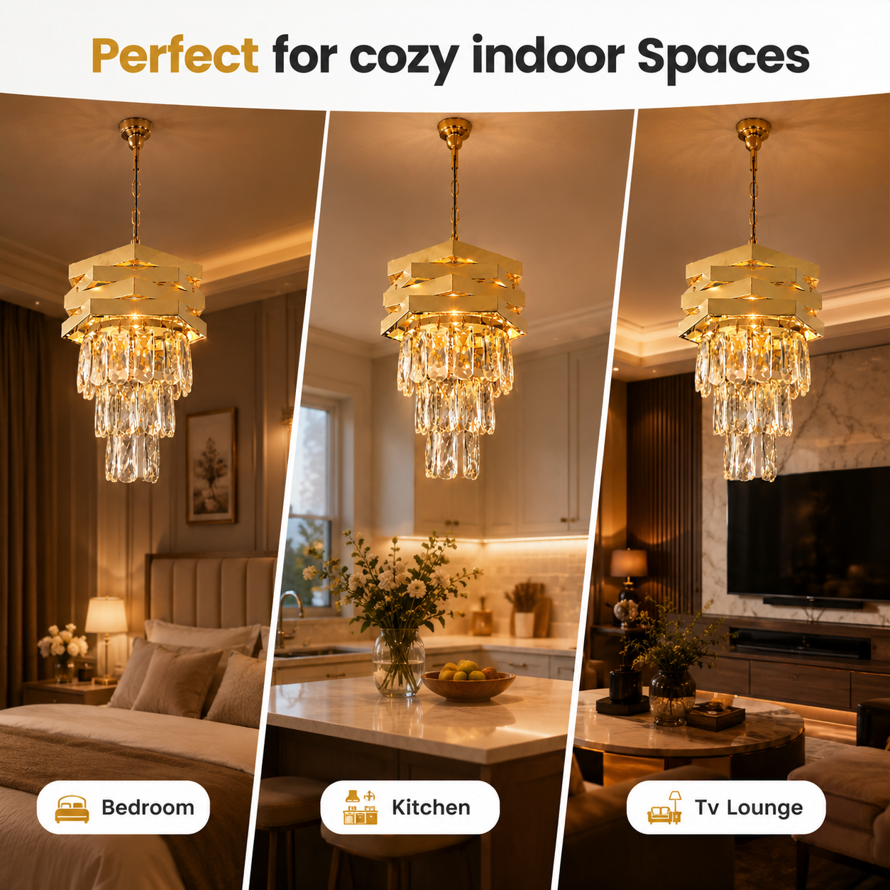 Gold chandelier in various indoor settings including bedroom, kitchen, and TV lounge.